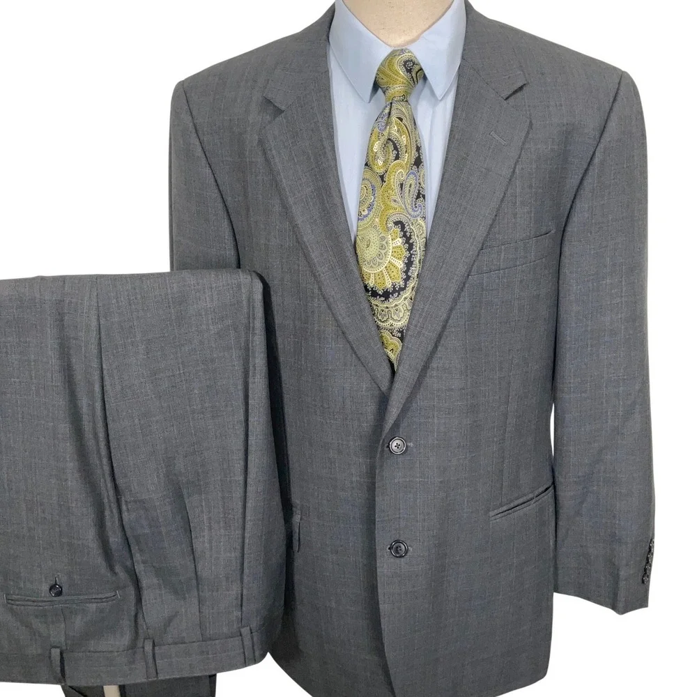 Jos A Bank Suit Mens 44L Charcoal Gray Blue Glen Plaid Tailored Traditional Wool